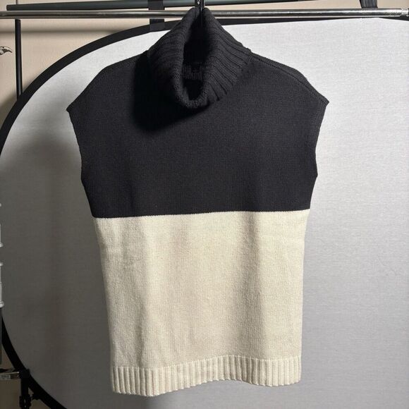 Ann Taylor Sleeveless Sweater Black Cream Cowl Neck Merino Wool Cashmere Bld S - Picture 1 of 6